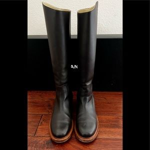 $1725 Chanel Brown Logo Calfskin Knee High Classic Riding Boots, Box, Size 40